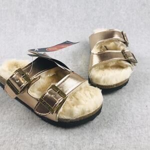 Lamo Cork Slip On Sandals Girls Size 11 Faux Fur Lined Metallic Gold Cofort